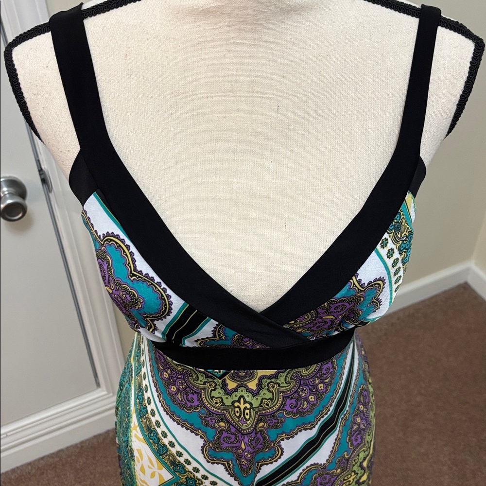 Dress Barn Black and Green Patterned Tie Waist Midi Dress size 12 - Picture 2 of 7